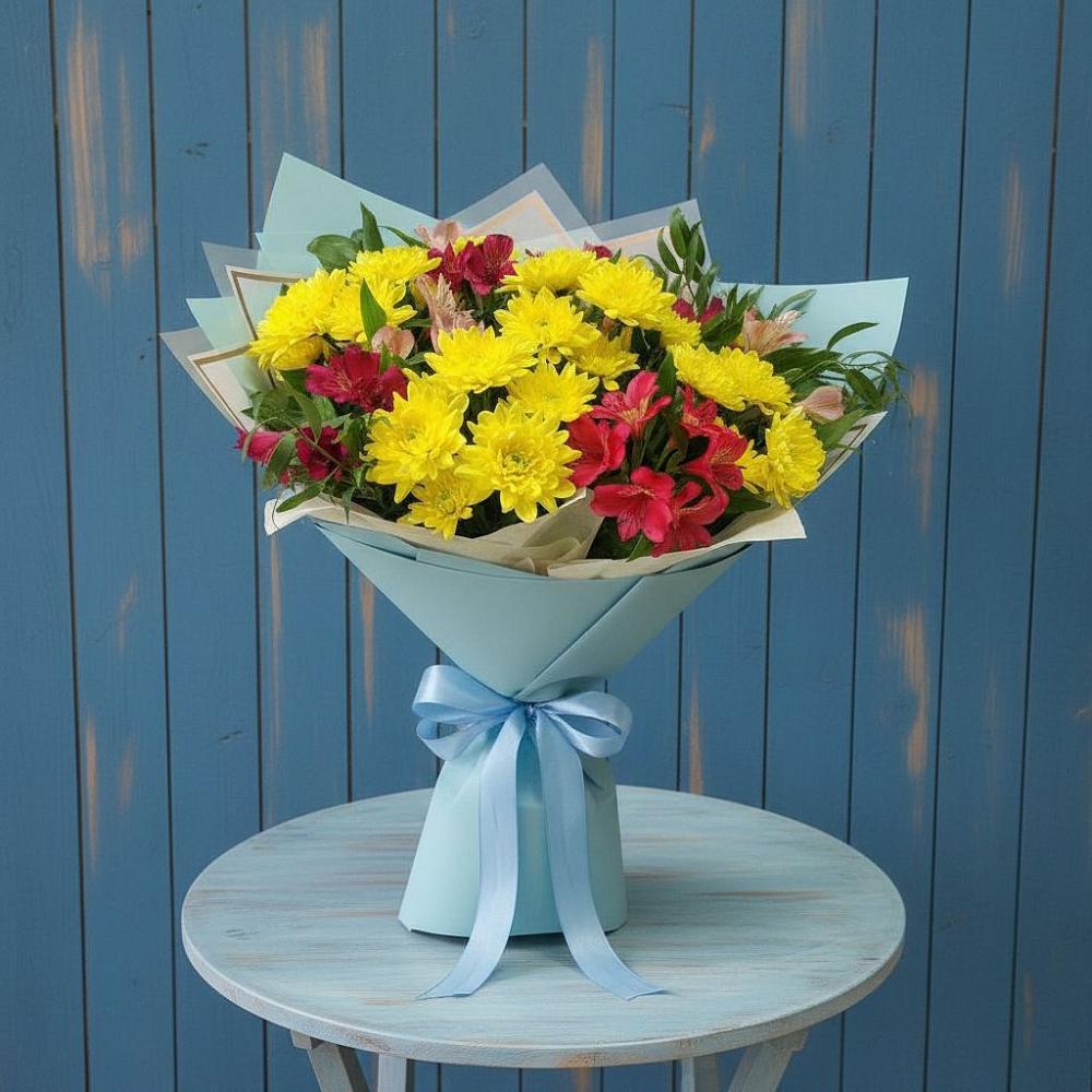 Букет цветов из: Альстромерии и Хризантемы в Победе