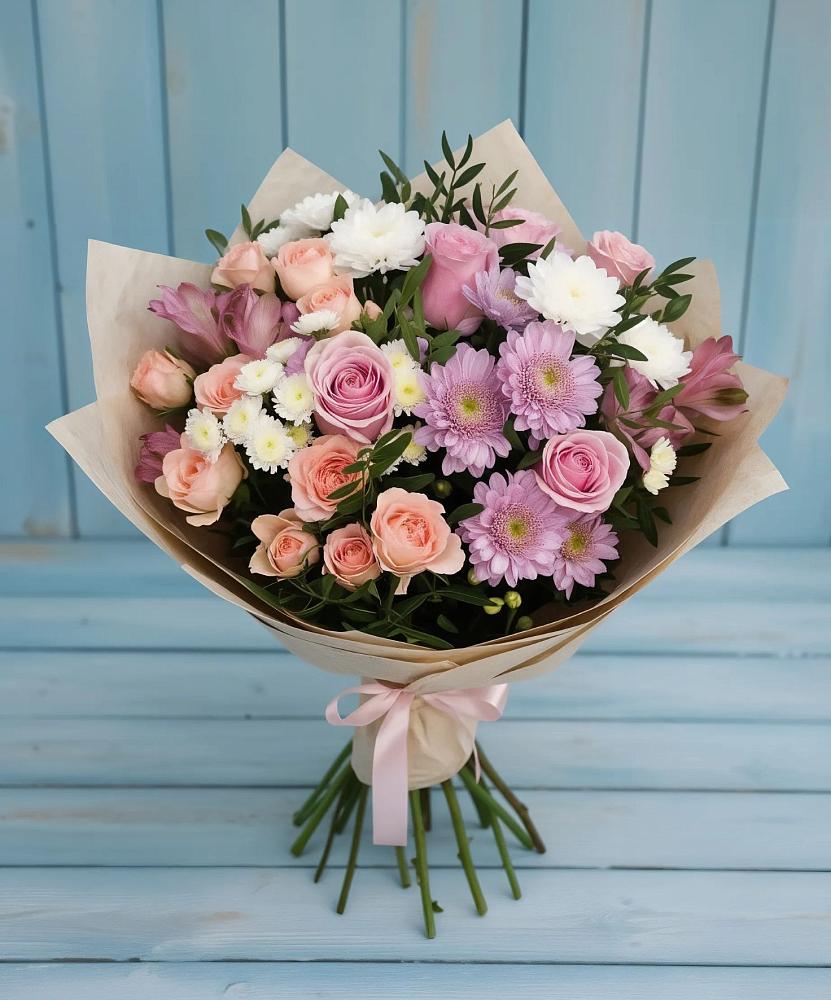 Букет цветов из: Хризантемы, Розы и Альстромерии в Победе