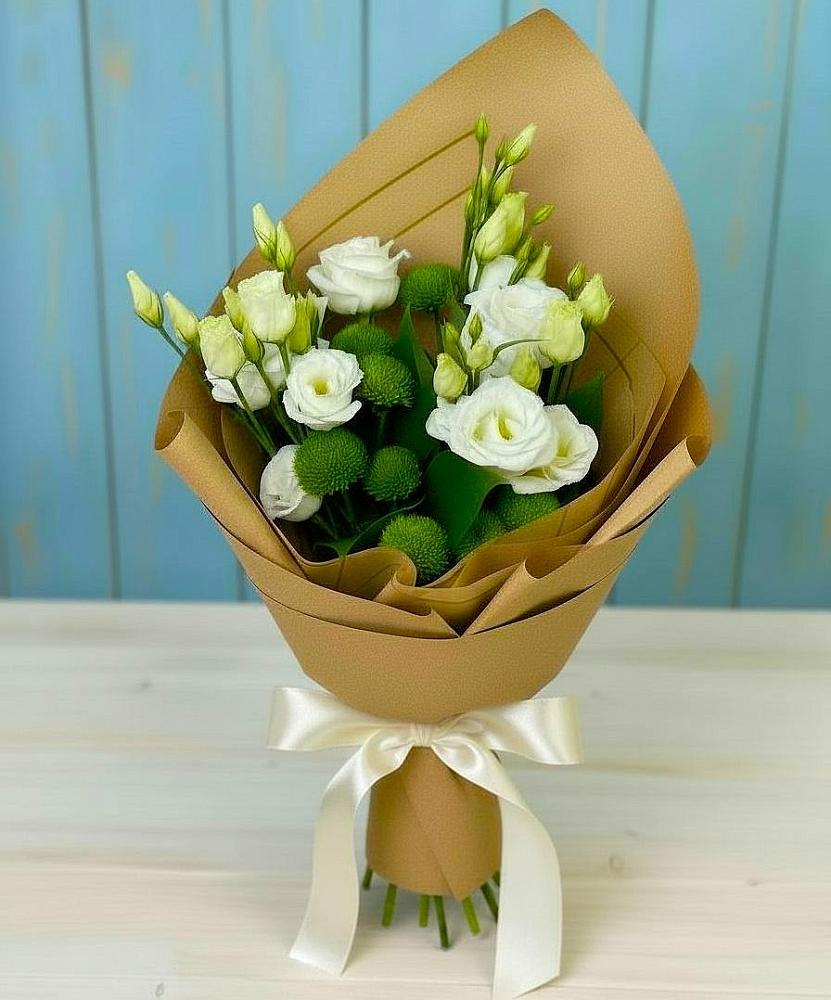 Букет цветов из: Хризантемы и Лизиантусы в Победе