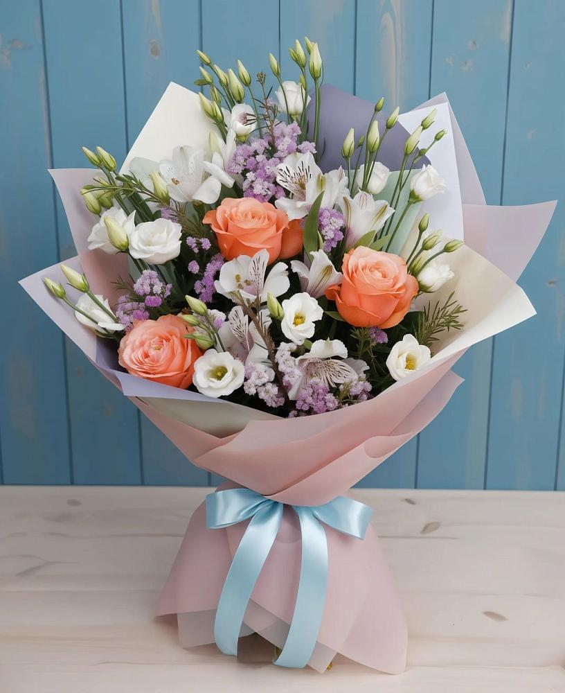 Букет цветов из: Лизиантусы, Розы, Альстромерии и Гипсофила в Победе
