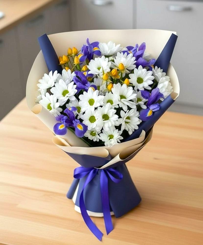Букет цветов из: Розы, Ирисы и Хризантемы в Победе