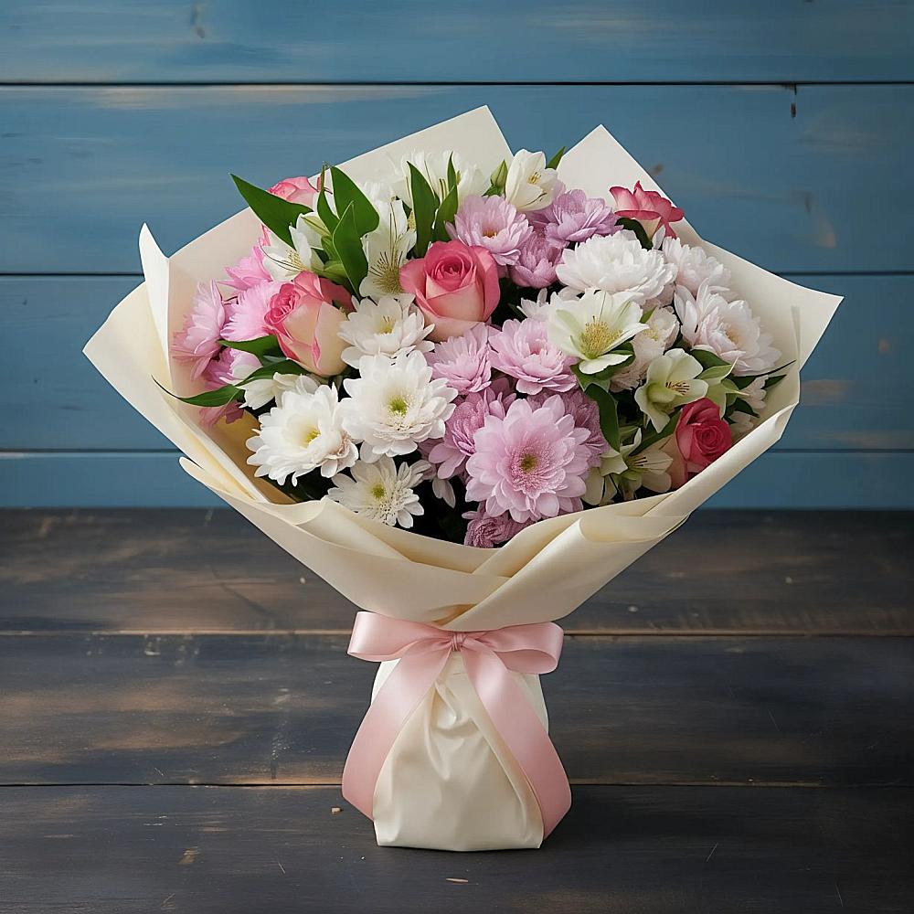 Букет цветов из: Хризантемы, Альстромерии и Розы в Победе